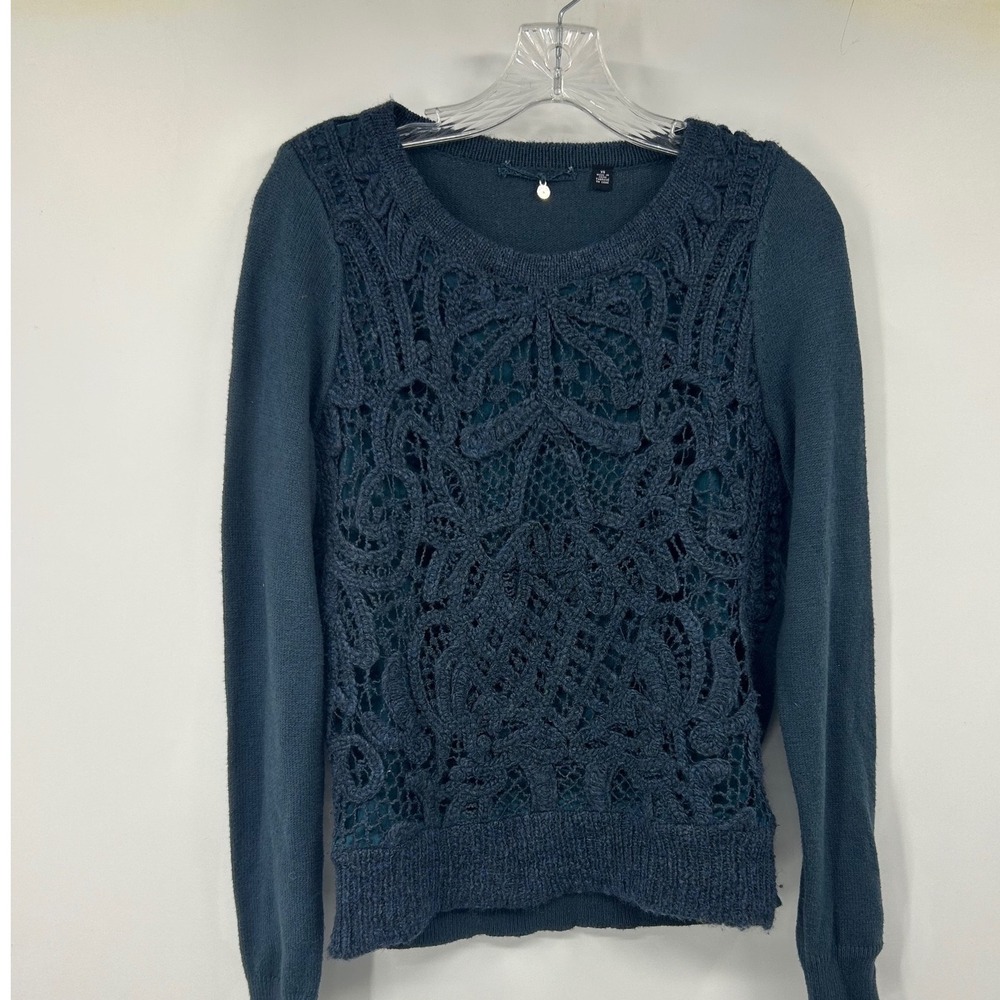 Anthropologie Knitted & Knotted wool Crochet Knitted Teal Sweater Size S